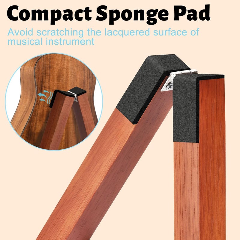 DOMMI Mahogany Wood Electric Guitar Stand With Non-Slip Rubber and Soft Foam Arms - Portable Folding A-Frame for Acoustic Guitars, Easy Assembly, Floor Display for Travel - Image 4